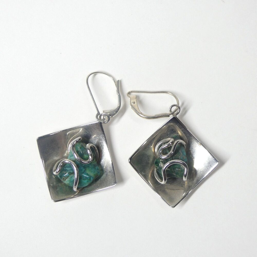Handmade Modernist Silvertone Earrings w/Raw Turquoise Stone Square Abstract Art